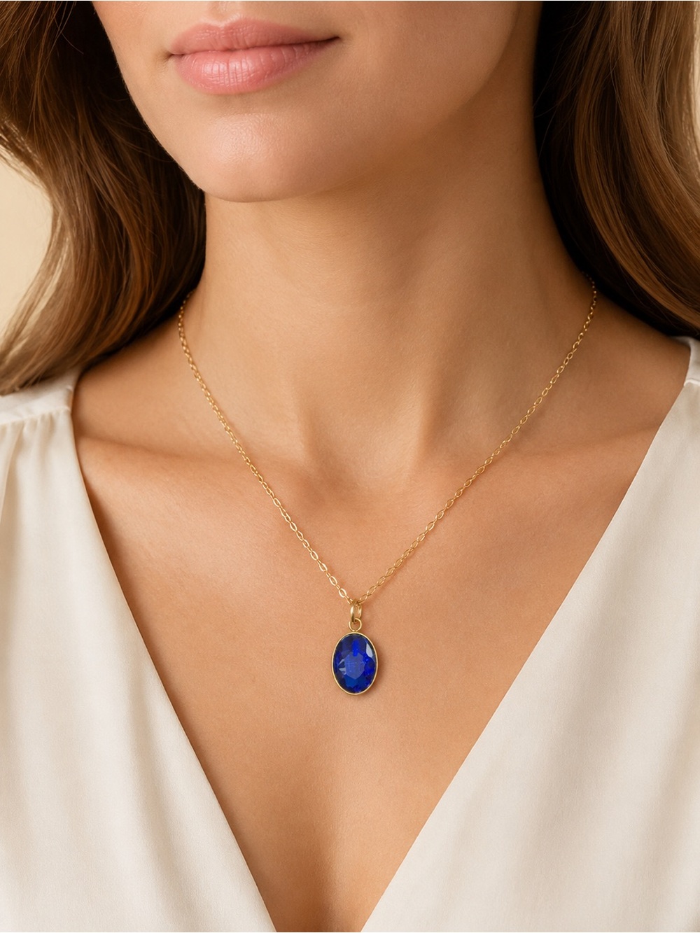 Gold Necklace with Oval Blue Gemstone Pendant 316L Steel